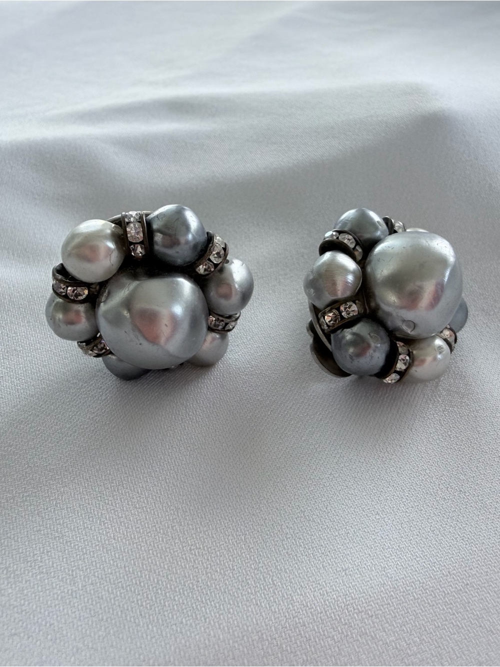 Silver-Tone Faux Pearl Cluster Clip-On Earrings - Elegant Silver Floral Design
